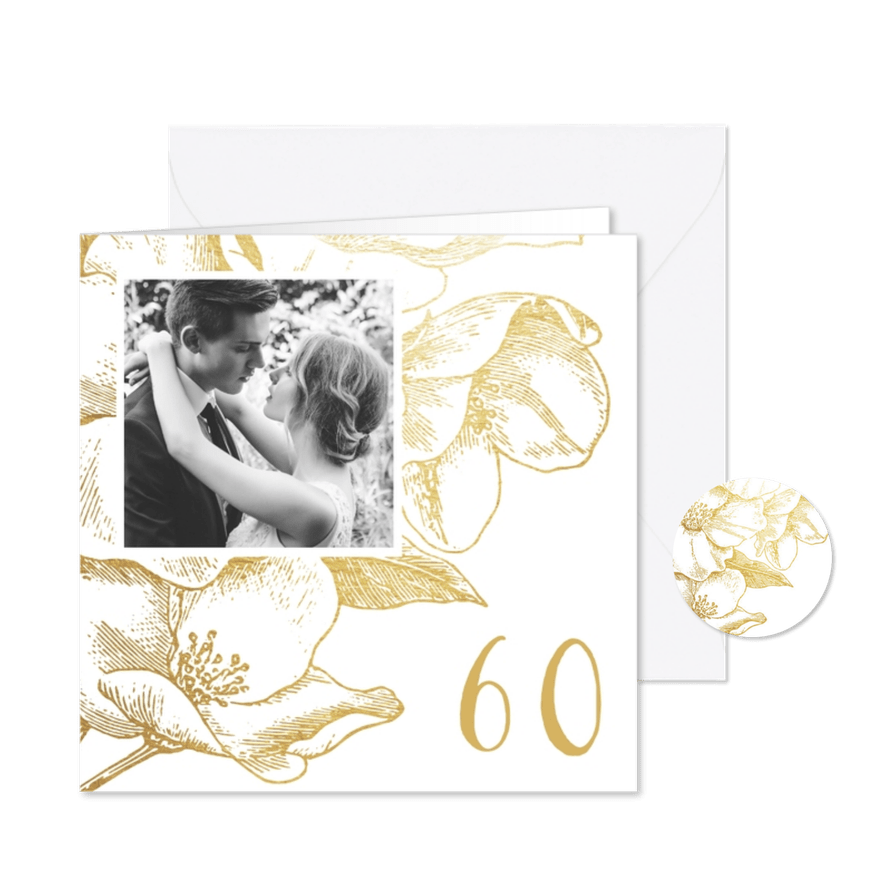 Jubileumkaart gouden bloemen met foto en jaartal - Kaartimpressie
