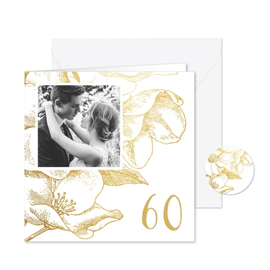 Jubileumkaart gouden bloemen met foto en jaartal - Kaartimpressie