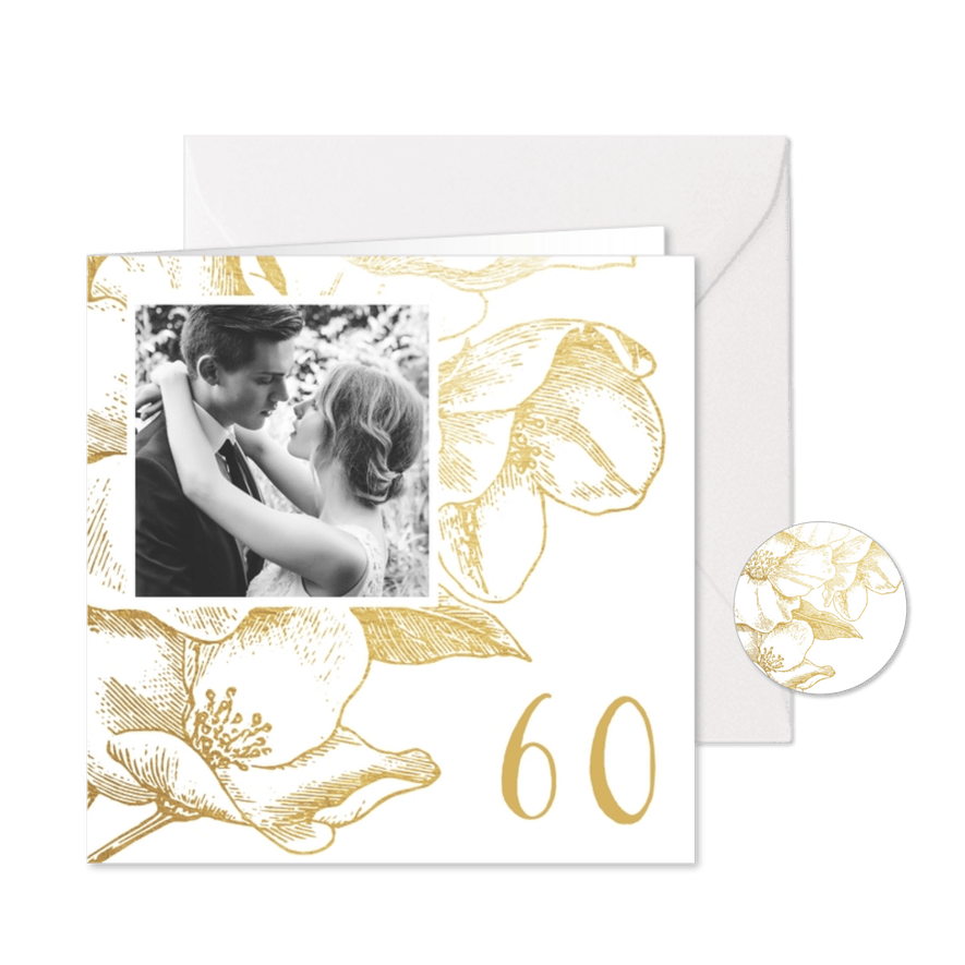 Jubileumkaart gouden bloemen met foto en jaartal - Kaartimpressie