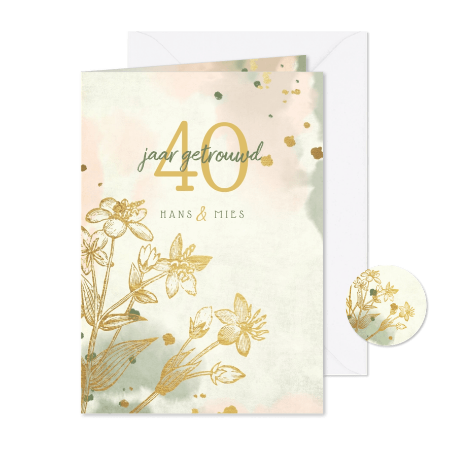 Jubileumkaart gouden bloemen met waterverf en spetters - Kaartimpressie