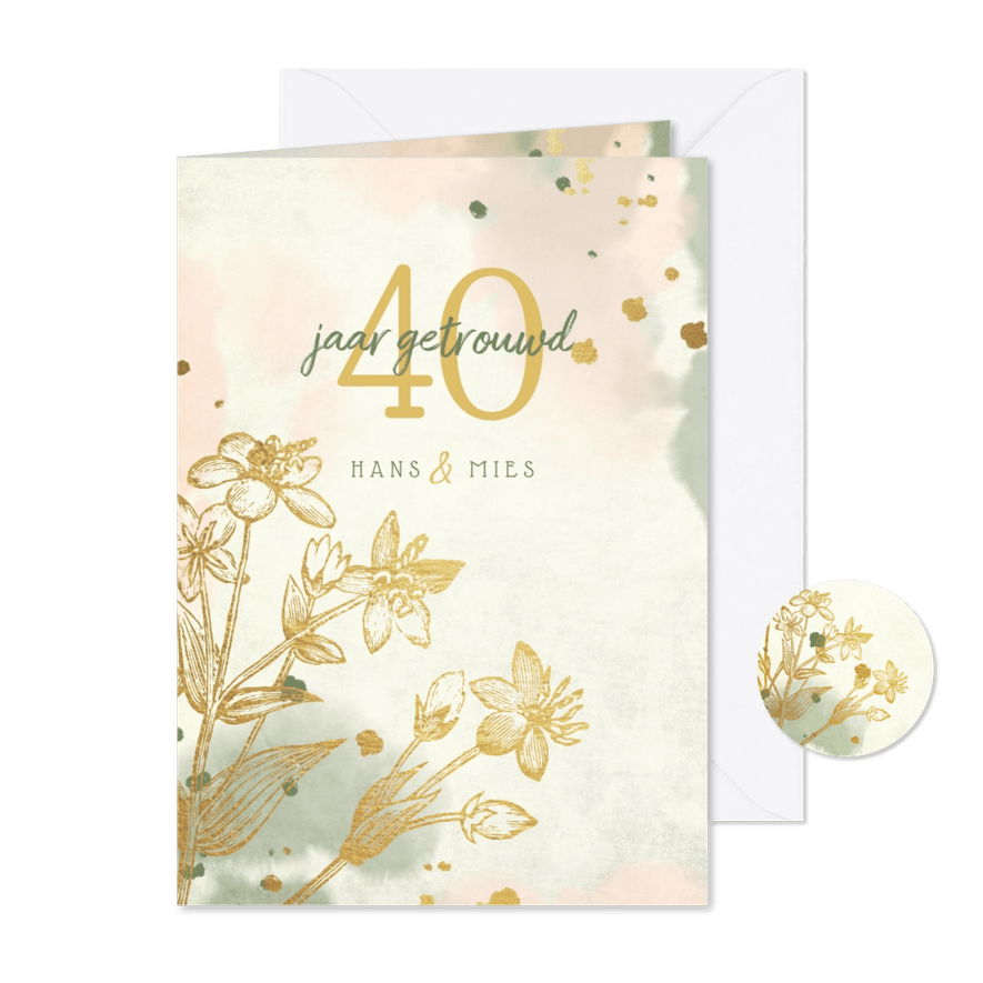 Jubileumkaart gouden bloemen met waterverf en spetters - Kaartimpressie