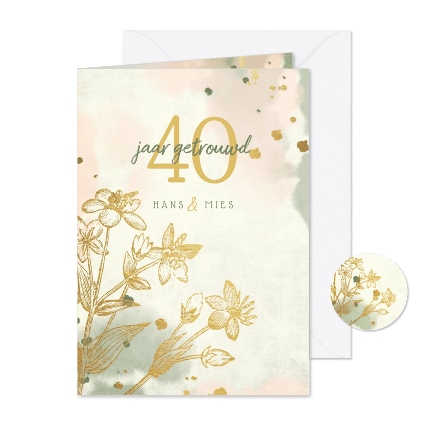 Jubileumkaart gouden bloemen met waterverf en spetters - Kaartimpressie