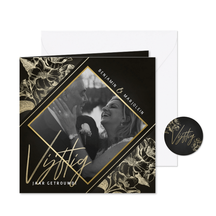 Jubileumkaart gouden bloemen zwart 50 jaar getrouwd met foto - Kaartimpressie