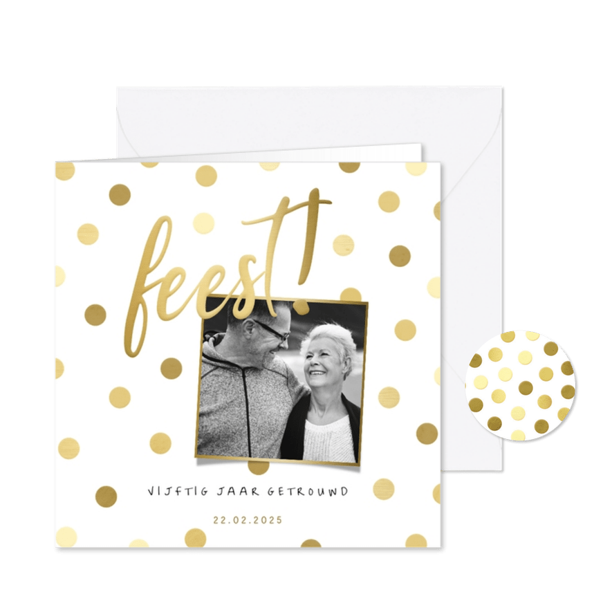 Jubileumkaart gouden 'feest' met confetti en foto - Kaartimpressie