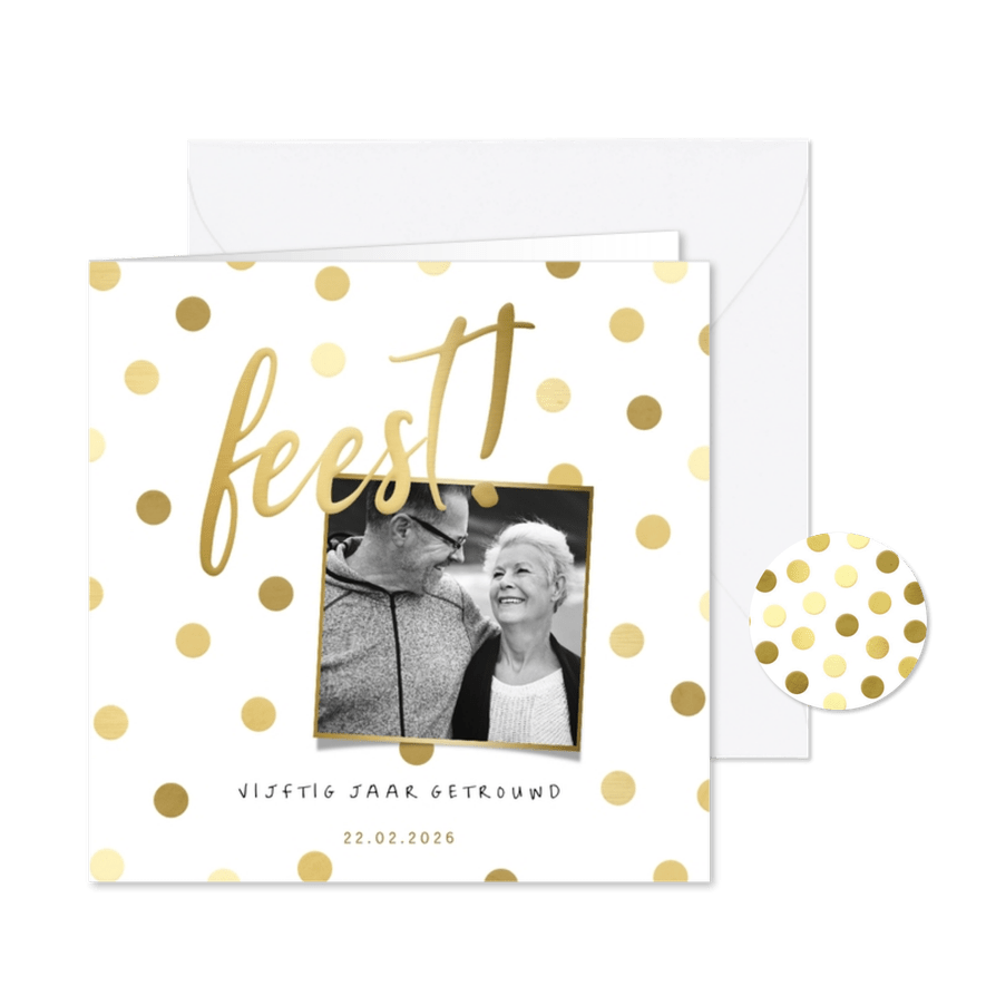 Jubileumkaart gouden 'feest' met confetti en foto - Kaartimpressie