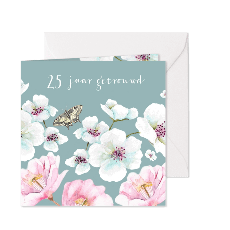Jubileumkaart Grote witte en roze bloemen - Kaartimpressie