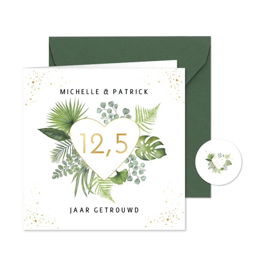 Jubileumkaart hart botanical blad - Kaartimpressie