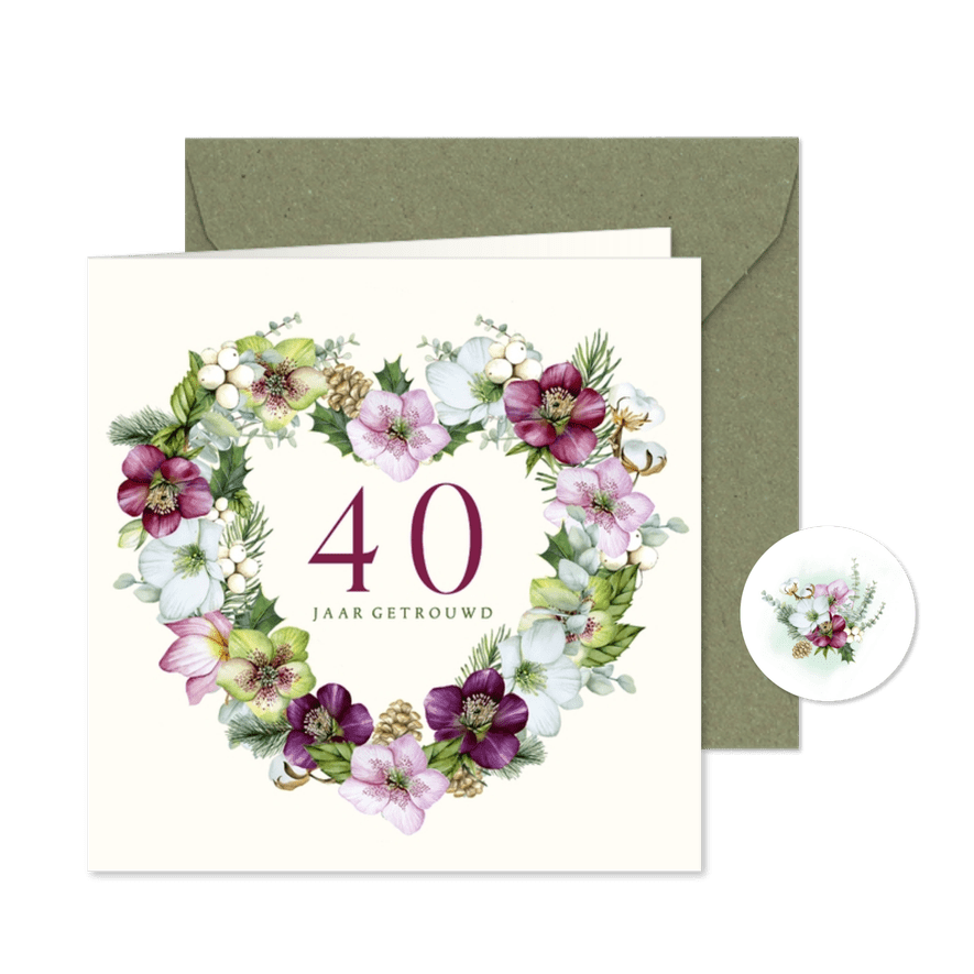 Jubileumkaart helleboruskrans in hartvorm - Kaartimpressie