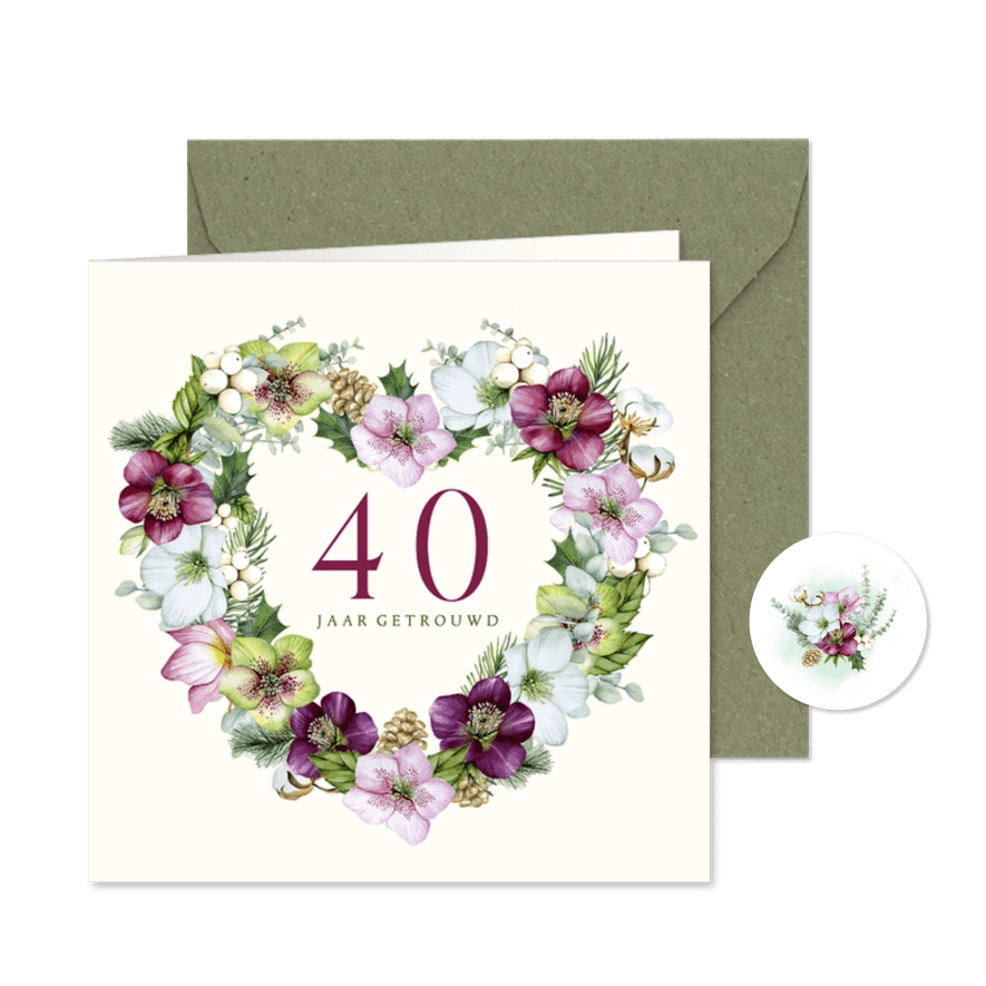 Jubileumkaart helleboruskrans in hartvorm - Kaartimpressie