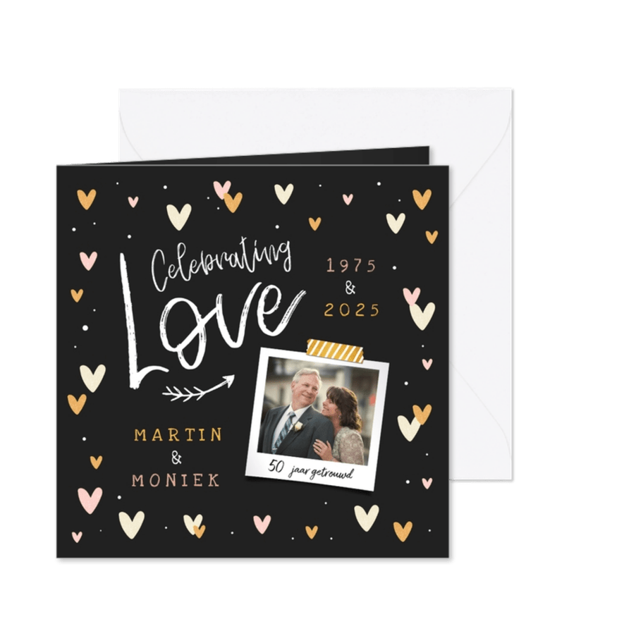 Jubileumkaart hip met hartjes, confetti en foto - Kaartimpressie