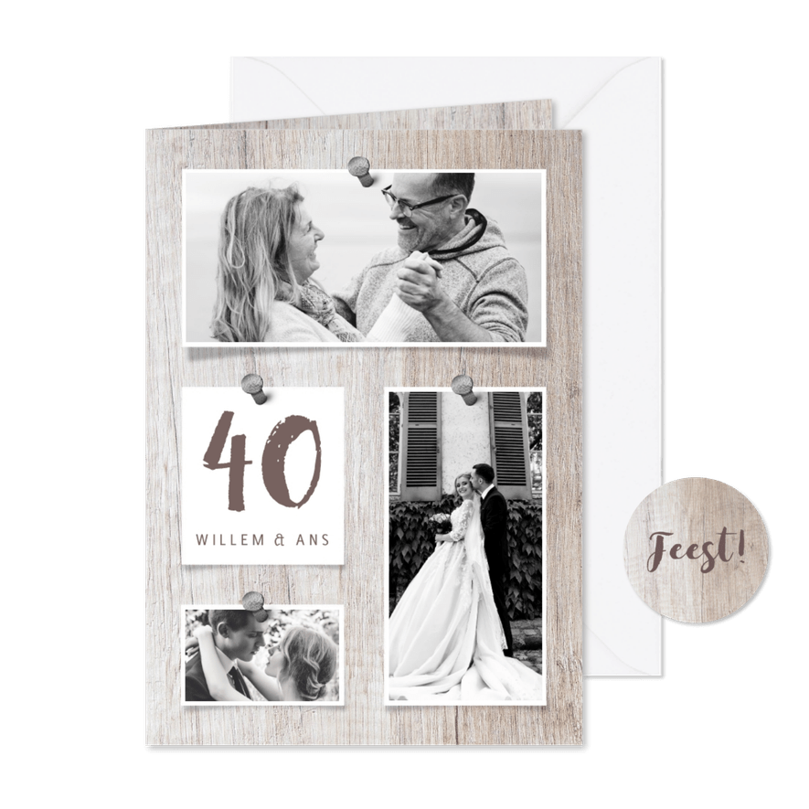 Jubileumkaart hout met fotocollage en spijkers - Kaartimpressie