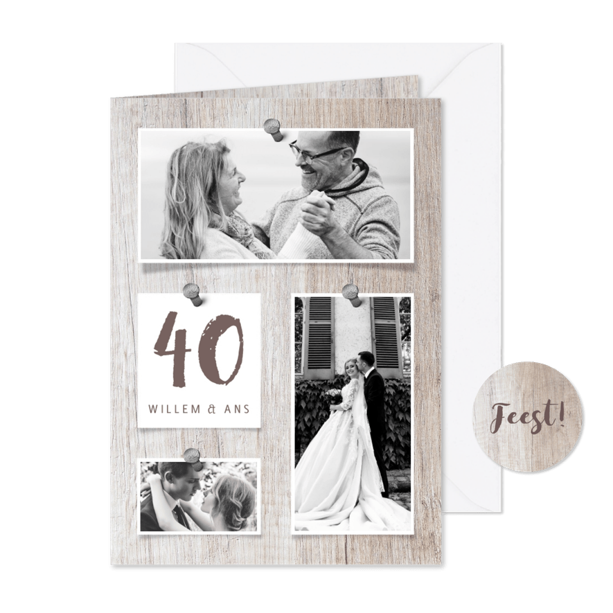 Jubileumkaart hout met fotocollage en spijkers - Kaartimpressie