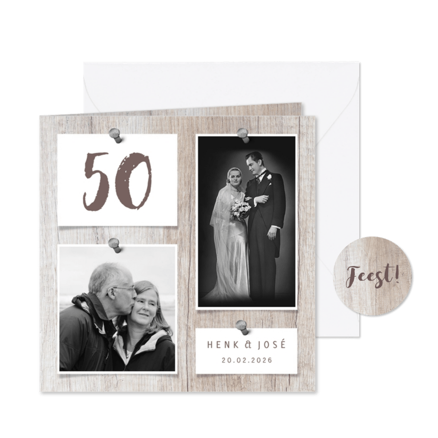 Jubileumkaart hout met foto's en spijkers - Kaartimpressie