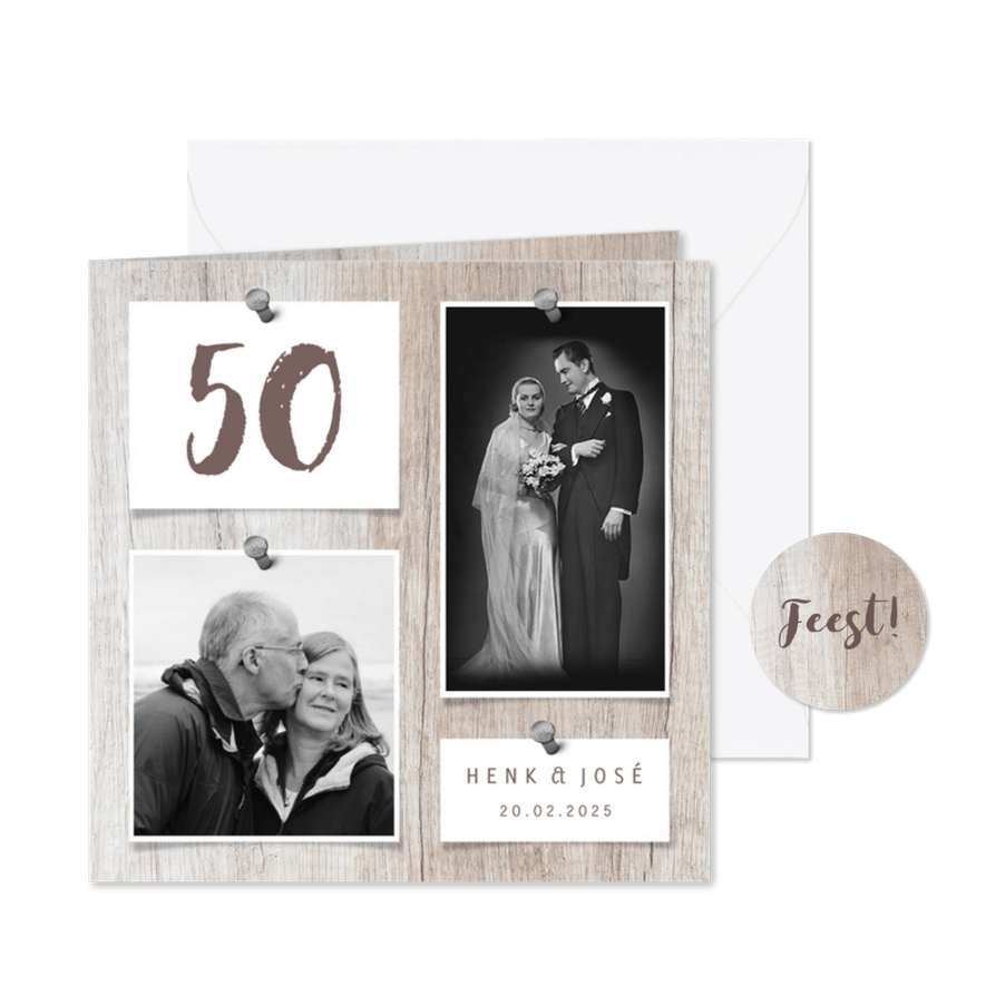 Jubileumkaart hout met foto's en spijkers - Kaartimpressie