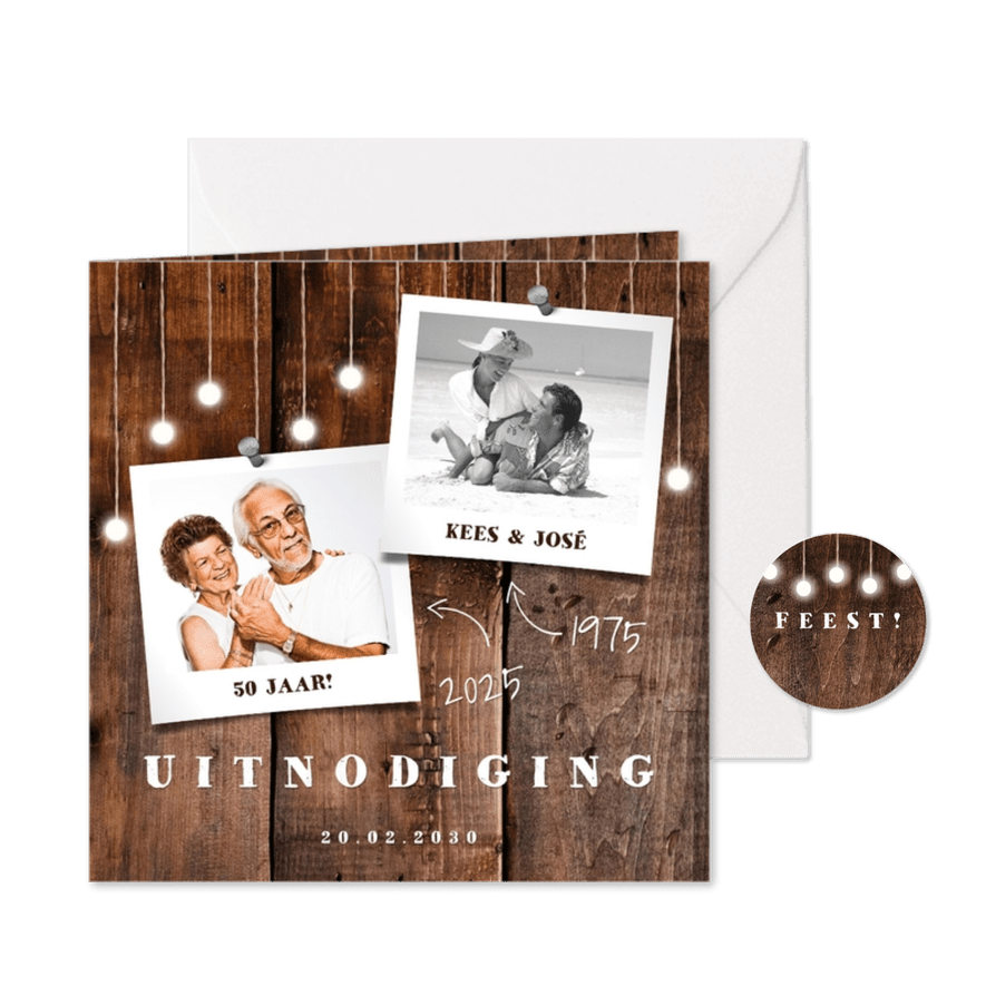 Jubileumkaart hout met hangende lampjes en foto's - Kaartimpressie