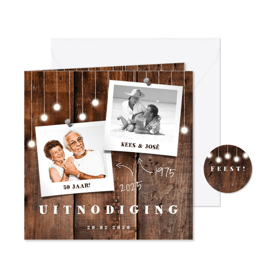 Jubileumkaart hout met hangende lampjes en foto's - Kaartimpressie