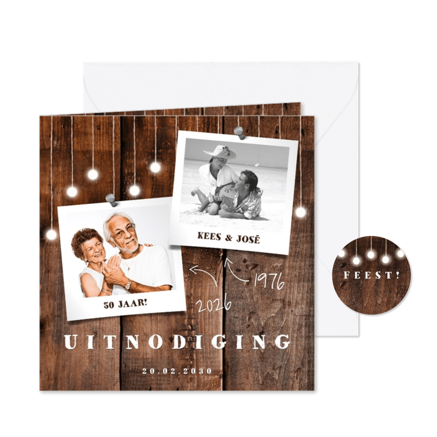 Jubileumkaart hout met hangende lampjes en foto's - Kaartimpressie