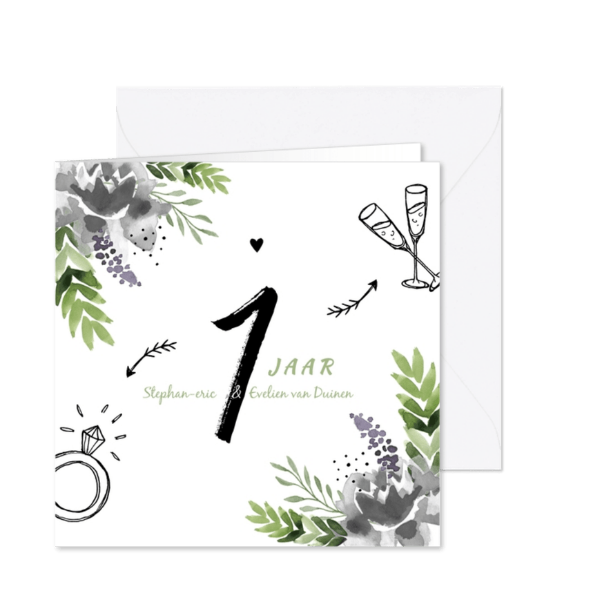 Jubileumkaart huwelijk bloemen stijlvol en hip - Kaartimpressie