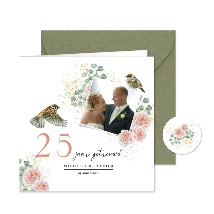 Jubileumkaart huwelijk rozen botanical - Kaartimpressie