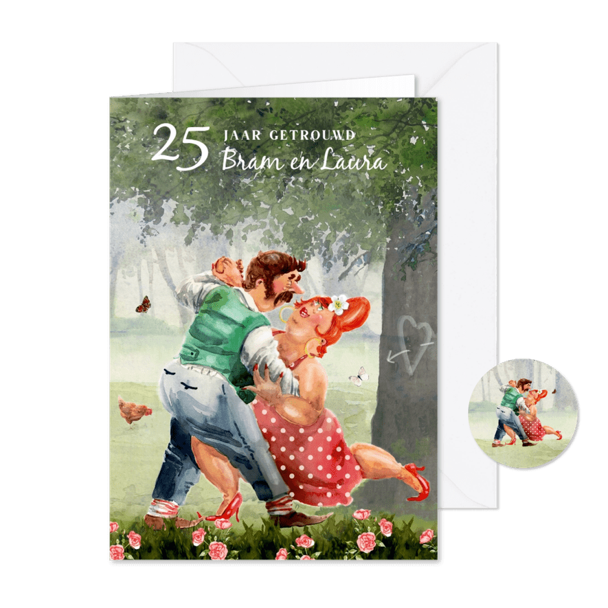 Jubileumkaart huwelijksfeest dansend in het bos - Kaartimpressie