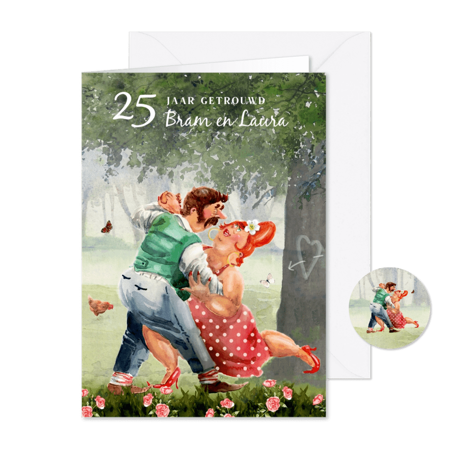 Jubileumkaart huwelijksfeest dansend in het bos - Kaartimpressie