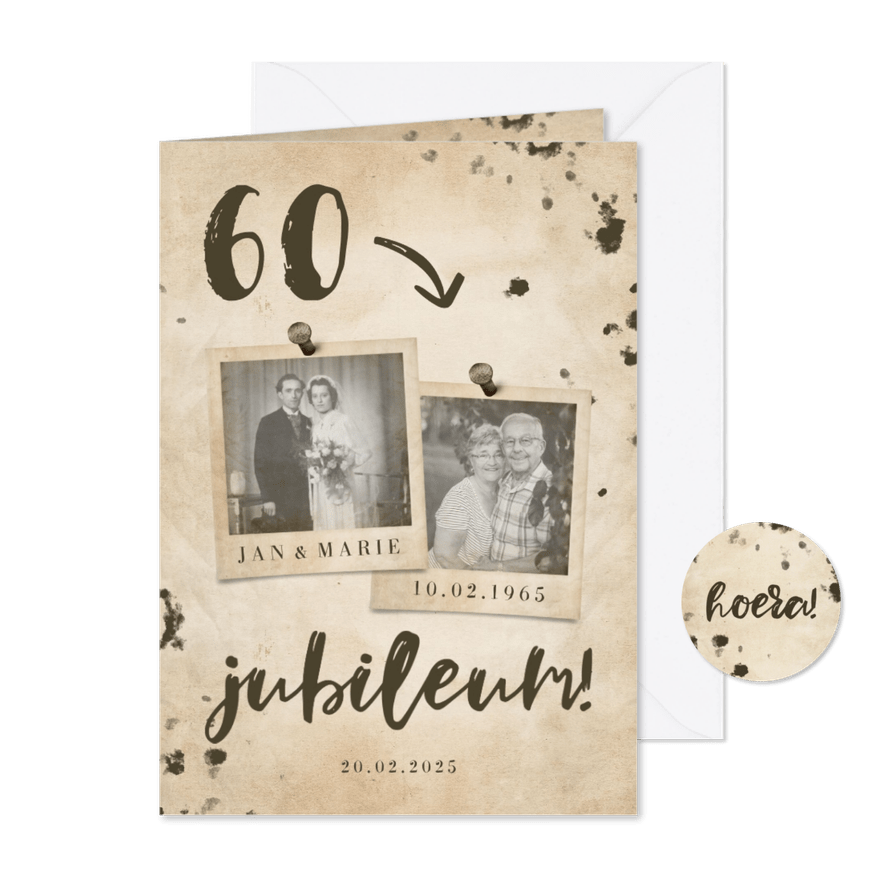 Jubileumkaart 'jubileum' vintage met getal en foto's - Kaartimpressie