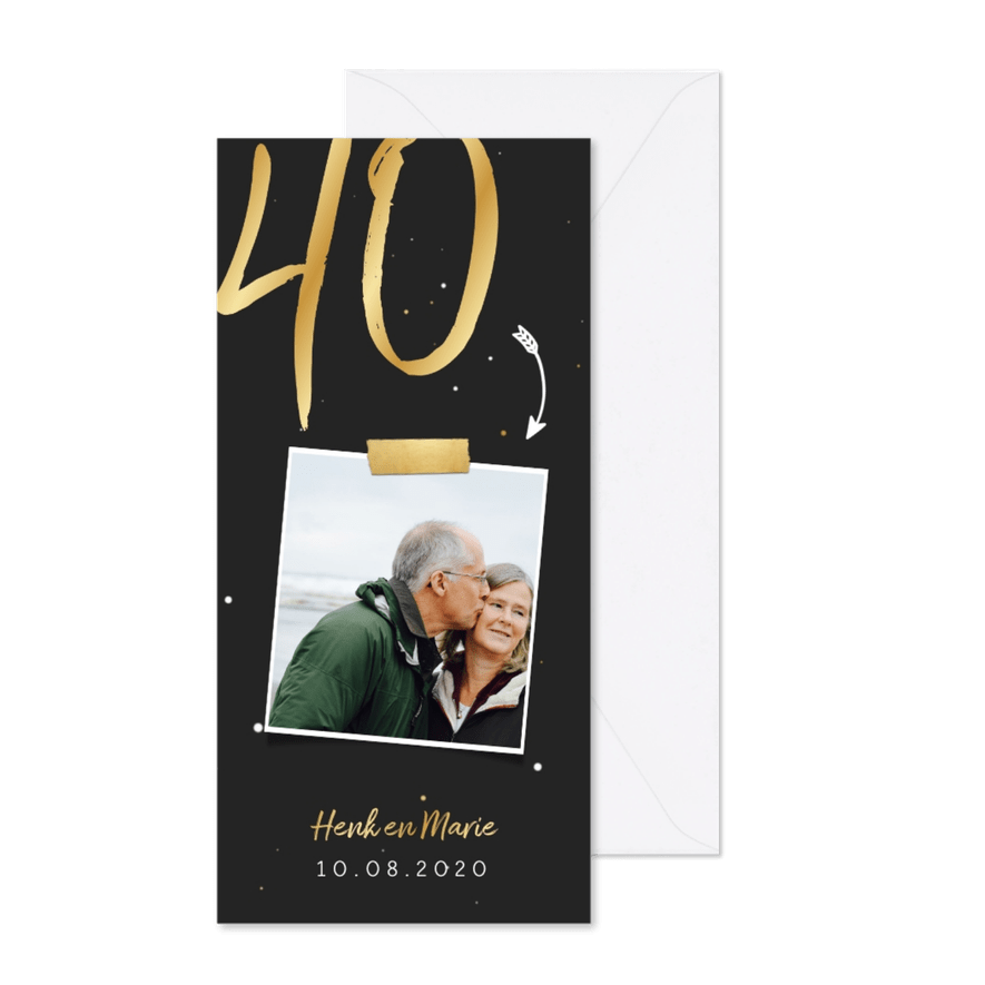 Jubileumkaart langwerpig met gouden 40 en foto - Kaartimpressie