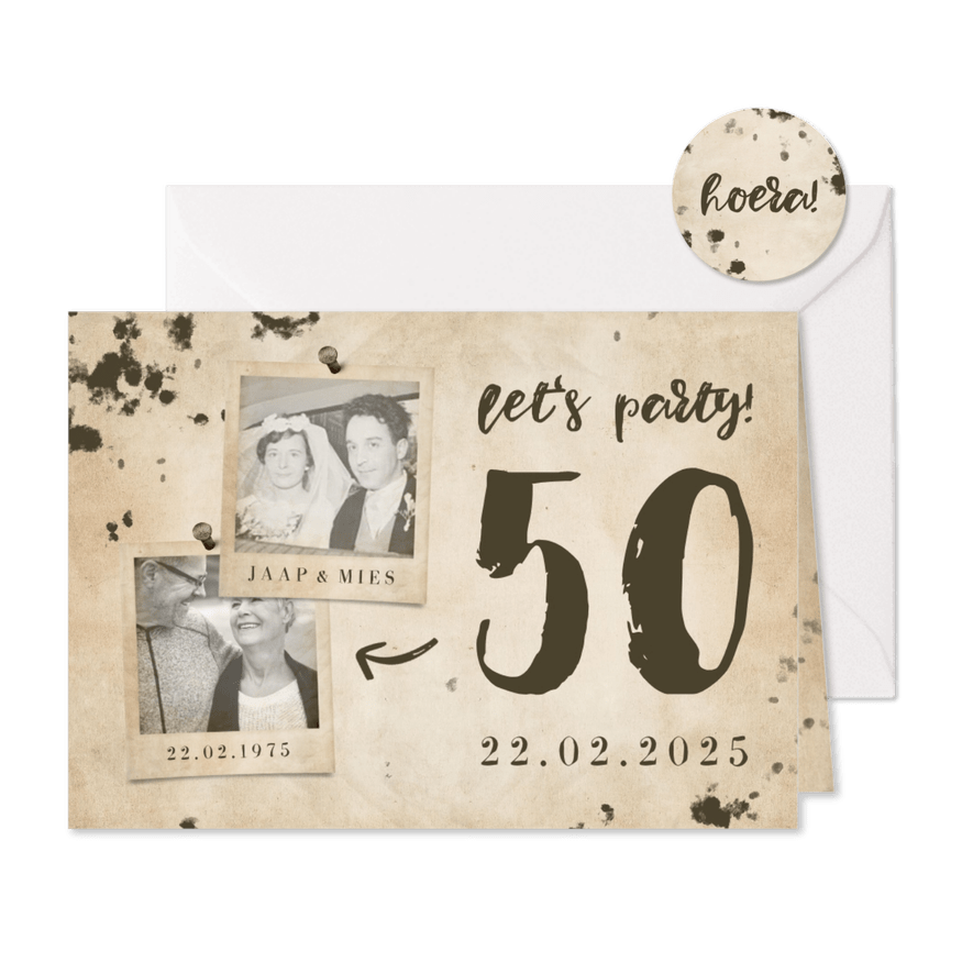 Jubileumkaart 'let's party' vintage met foto's en getal - Kaartimpressie