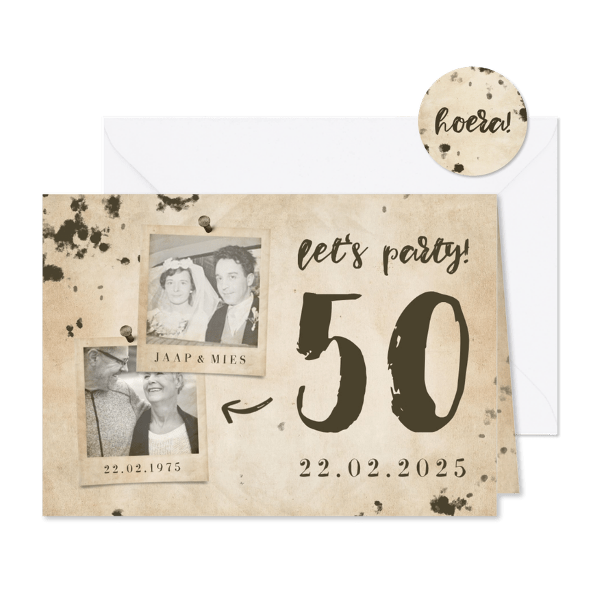 Jubileumkaart 'let's party' vintage met foto's en getal - Kaartimpressie