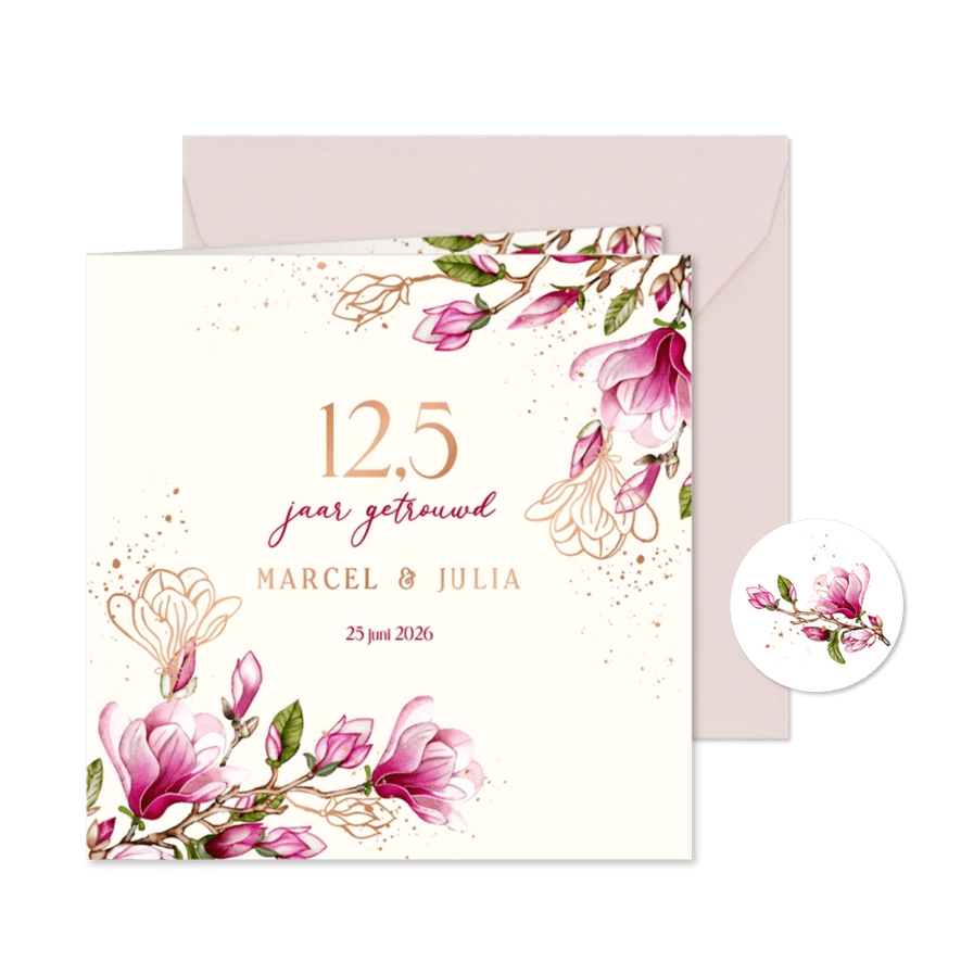 Jubileumkaart magnoliatakken met koperfolie - Kaartimpressie