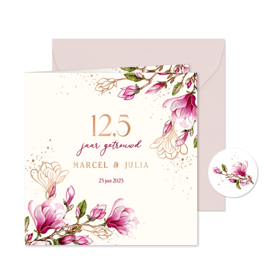Jubileumkaart magnoliatakken met koperfolie - Kaartimpressie