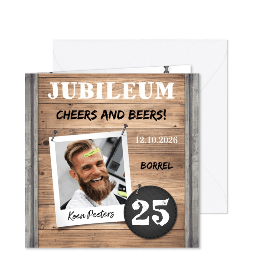 Jubileumkaart medewerker industrieel met foto en hout - Kaartimpressie
