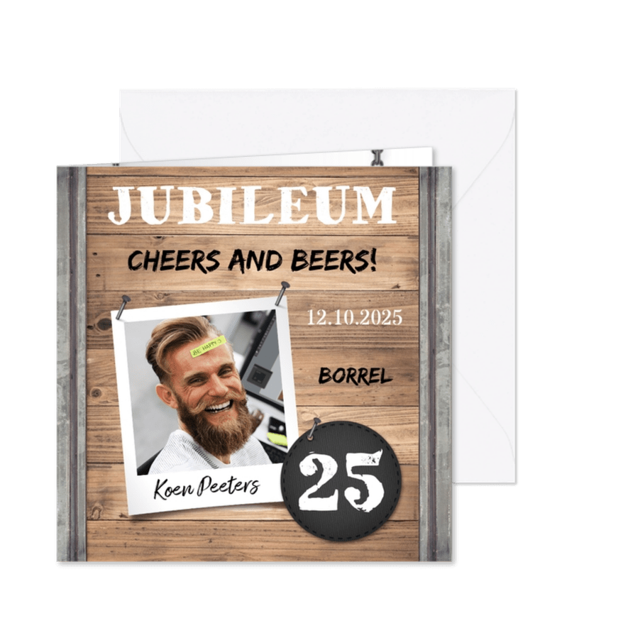 Jubileumkaart medewerker industrieel met foto en hout - Kaartimpressie