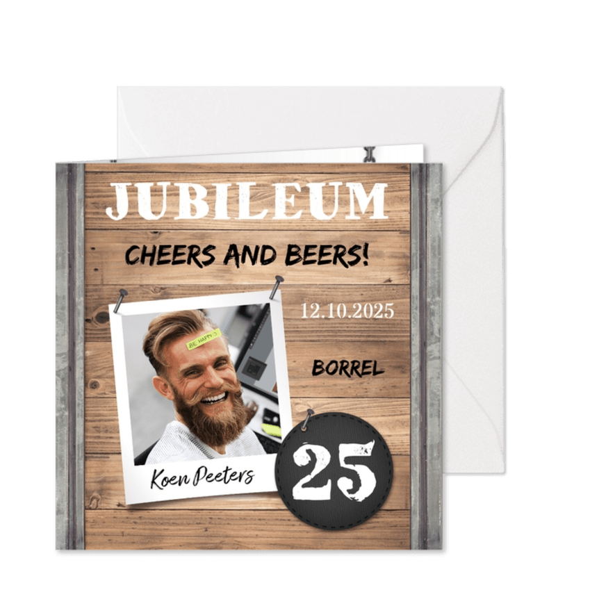 Jubileumkaart medewerker industrieel met foto en hout - Kaartimpressie
