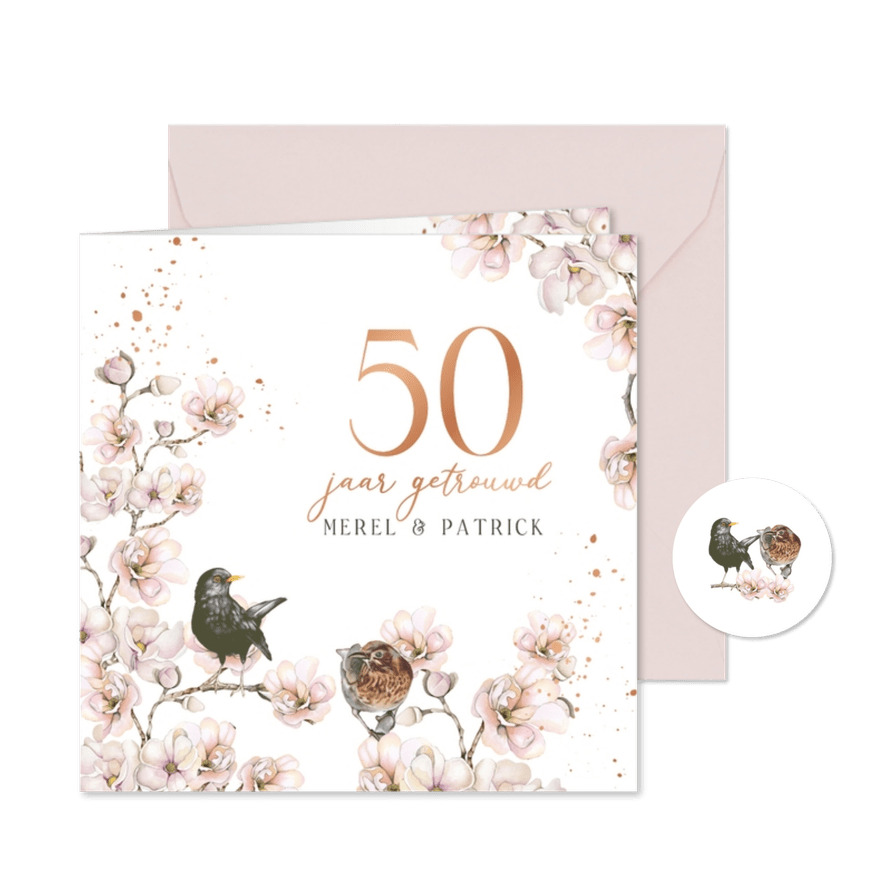 Jubileumkaart merels en bloesemtakken - Kaartimpressie