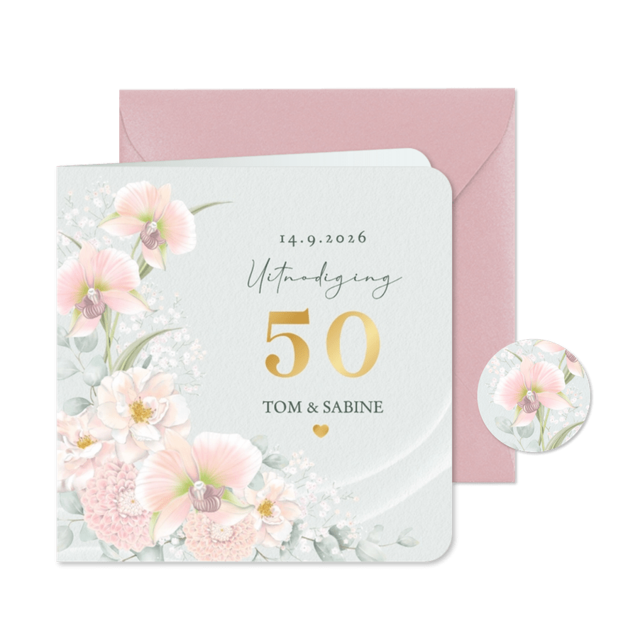 Jubileumkaart met bruidsbloemen in pastel - Kaartimpressie