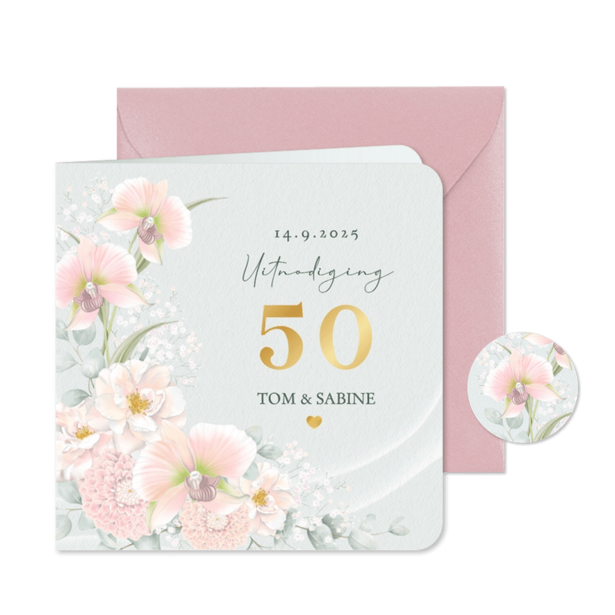 Jubileumkaart met bruidsbloemen in pastel - Kaartimpressie