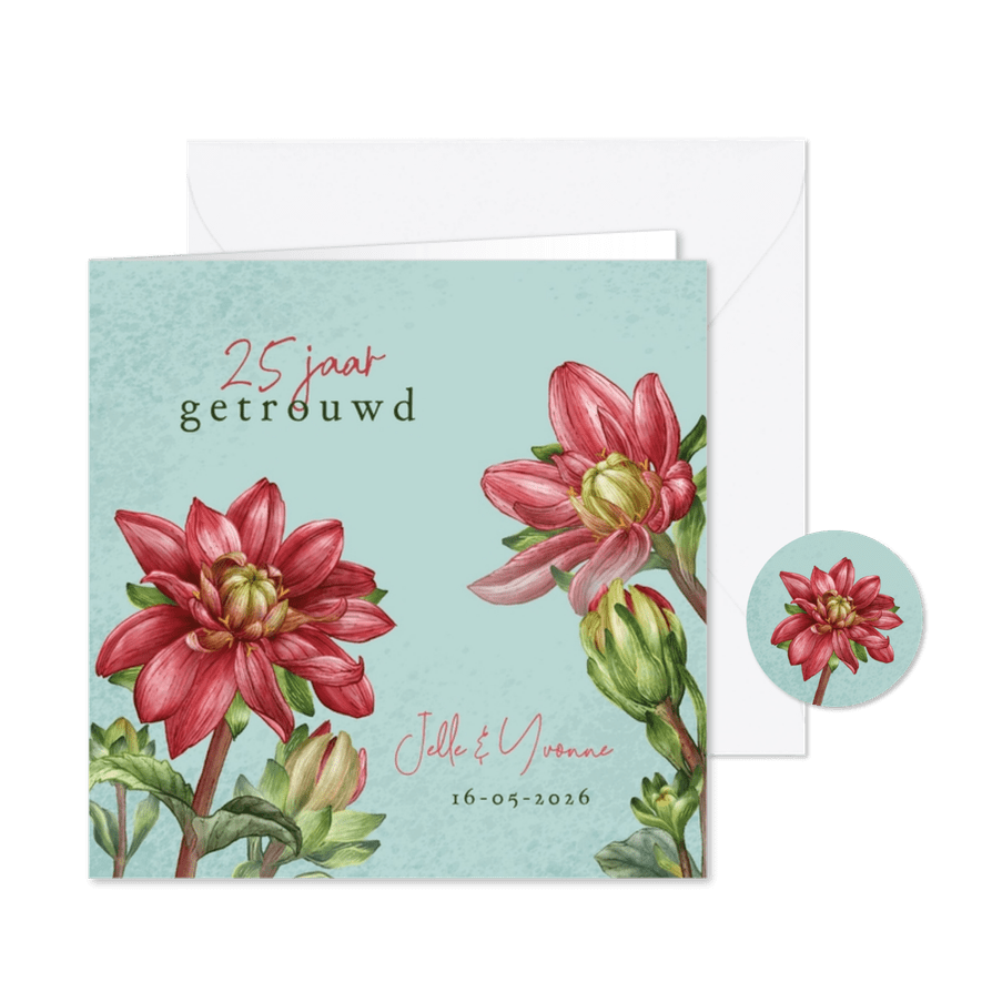 Jubileumkaart met dahlia bloemen - Kaartimpressie