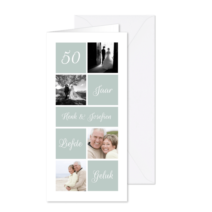 Jubileumkaart met foto's, vakjes en aanpasbare achtergrond - Kaartimpressie
