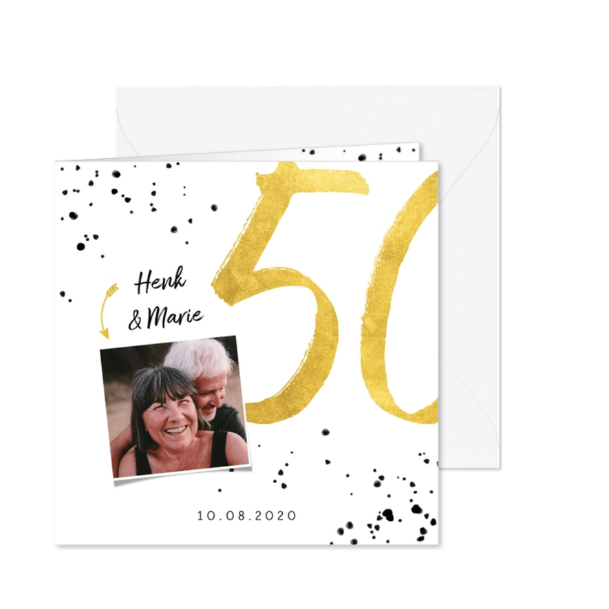 Jubileumkaart met gouden 50, spetters en foto - Kaartimpressie