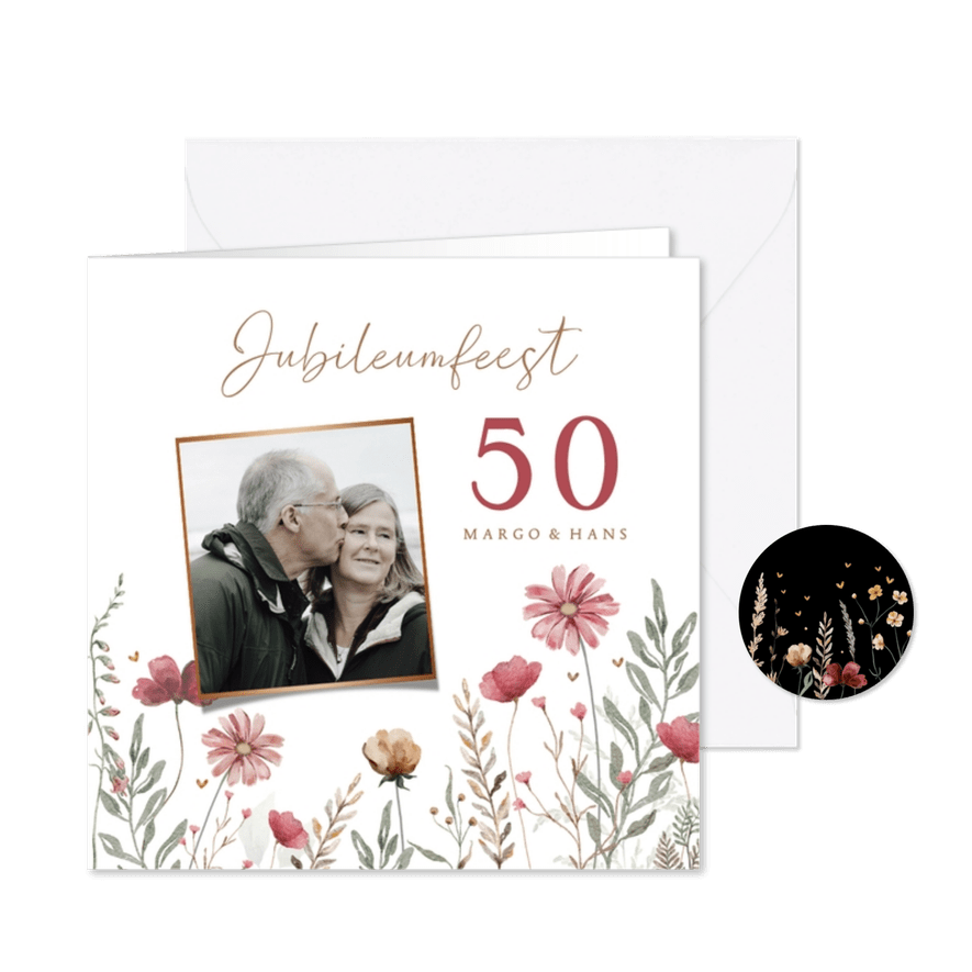 Jubileumkaart met klaprozen en takjes - Kaartimpressie