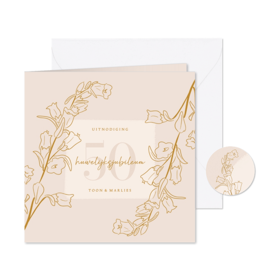 Jubileumkaart met lijnillustratie van bloemen in beige - Kaartimpressie