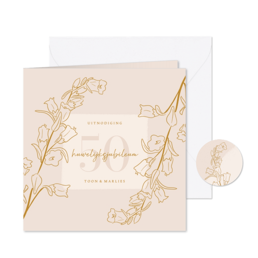 Jubileumkaart met lijnillustratie van bloemen in beige - Kaartimpressie