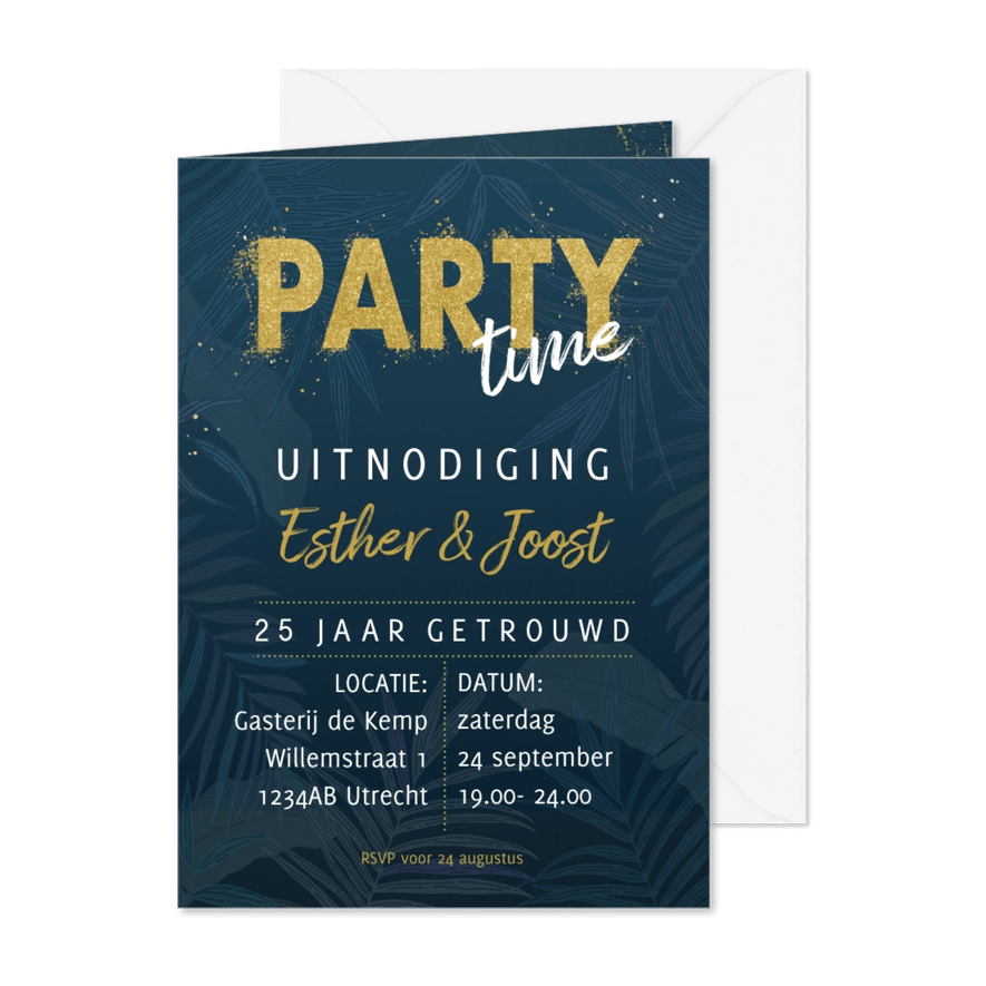 Jubileumkaart met party in goudlook poeder - Kaartimpressie