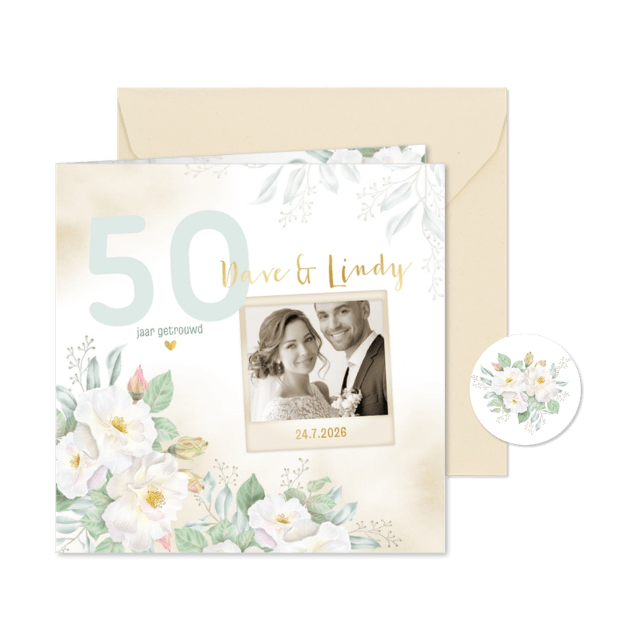 Jubileumkaart met witte rozen - Kaartimpressie