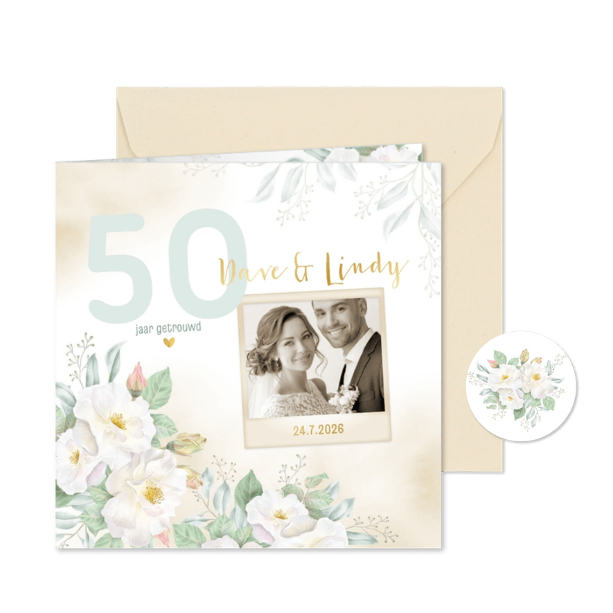 Jubileumkaart met witte rozen - Kaartimpressie