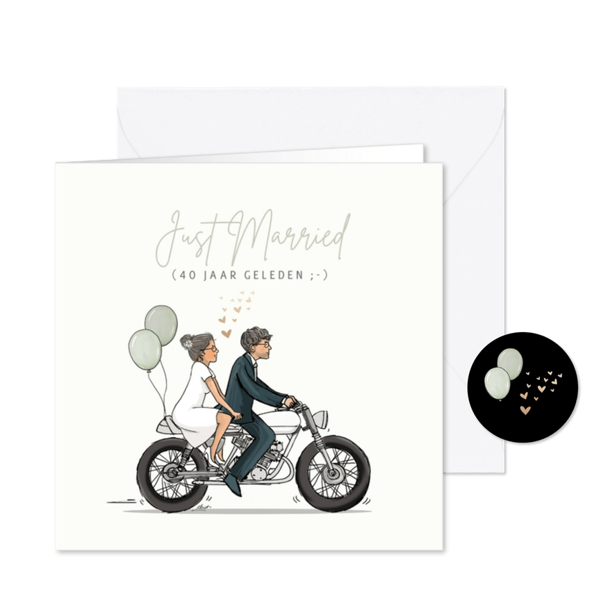 Jubileumkaart motor met ouder echtpaar en ballonnen - Kaartimpressie
