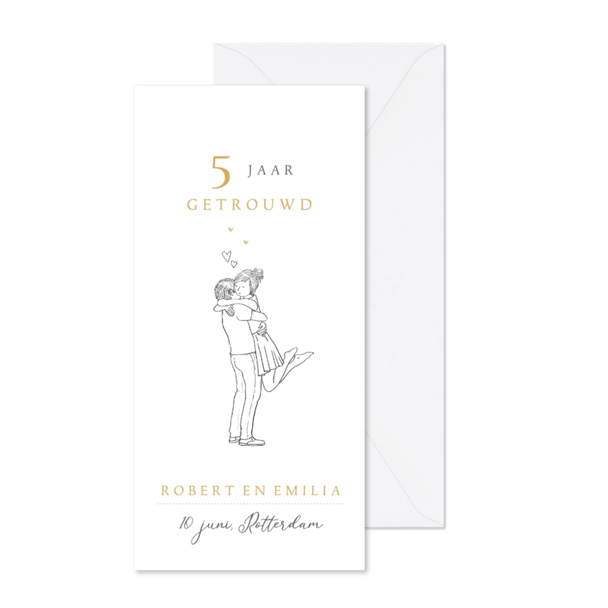 Jubileumkaart optillen echtpaar met goudlook hartjes - Kaartimpressie