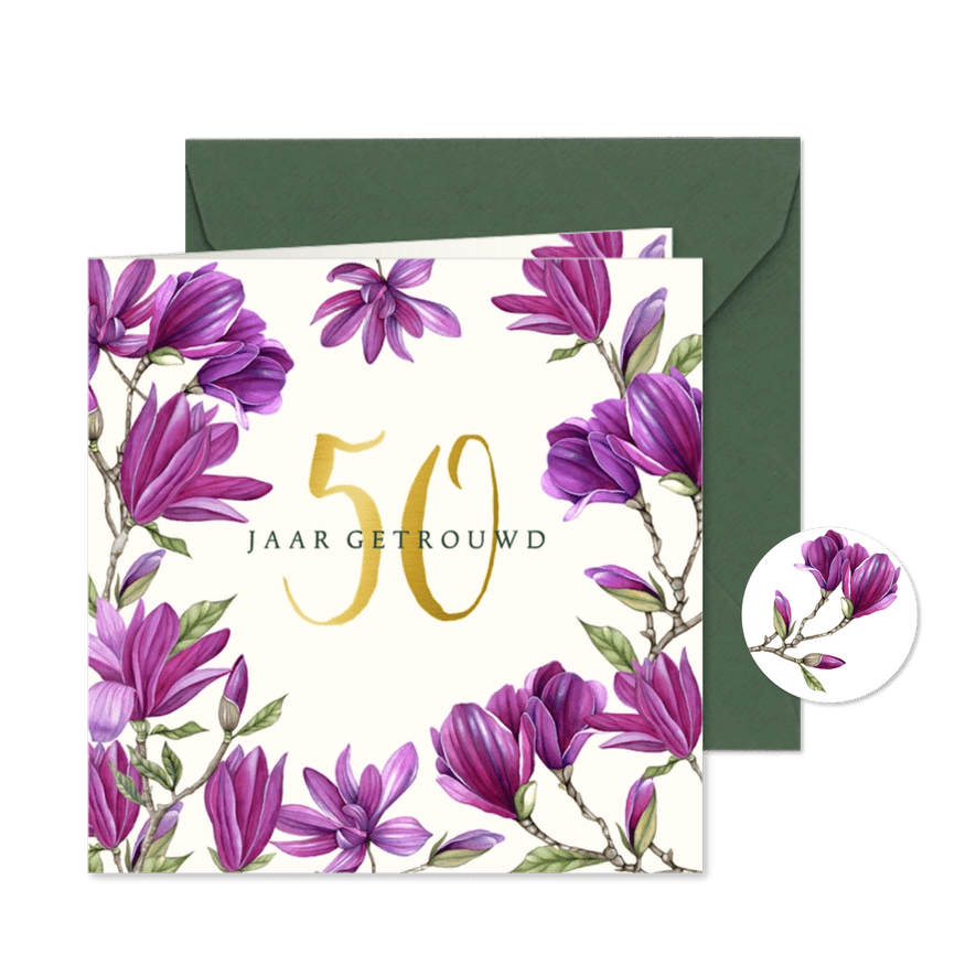 Jubileumkaart paarse magnolia bloemen uitnodiging - Kaartimpressie