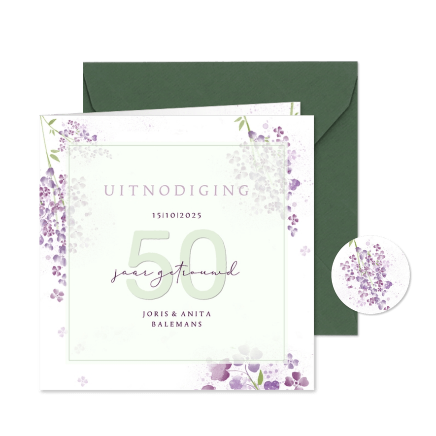 Jubileumkaart paarse seringen - Kaartimpressie